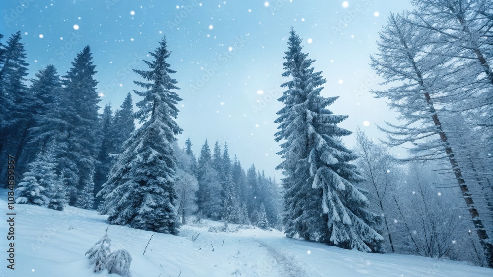 A Serene Winter Path Through a Snow-Covered Evergreen Forest A Serene Winter Path Through a Snow-Covered Evergreen Forest