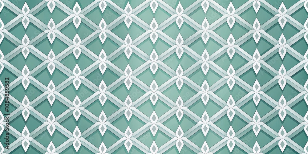 Seamless Teal and White Geometric Pattern with Interlocking Diamond and Floral Motifs Seamless Teal and White Geometric Pattern with Interlocking Diamond and Floral Motifs