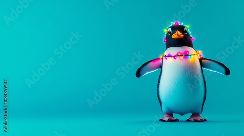 Cheerful Penguin Dressed in Glowing Neon Holiday Lights Outline Outfit on Turquoise Background