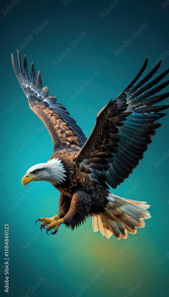 Fototapeta premium A powerful eagle in flight, its silhouette stark against a vibrant teal and turquoise gradient background, capturing the essence of freedom.