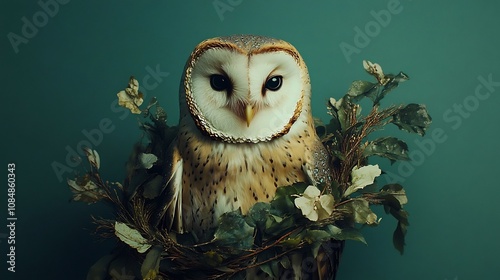 Enchanting Wreath Inspired Owl Perched Amidst Lush Greenery on Plain Green Background with Studio Lighting