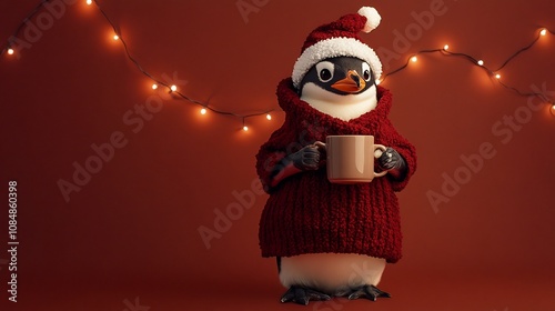 Festive Penguin in Cozy Chocolate Fleece Outfit with Marshmallow Accents