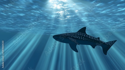 17. A whale shark gliding through the ocean, its silhouette highlighted by overexposed sunlight filtering from above