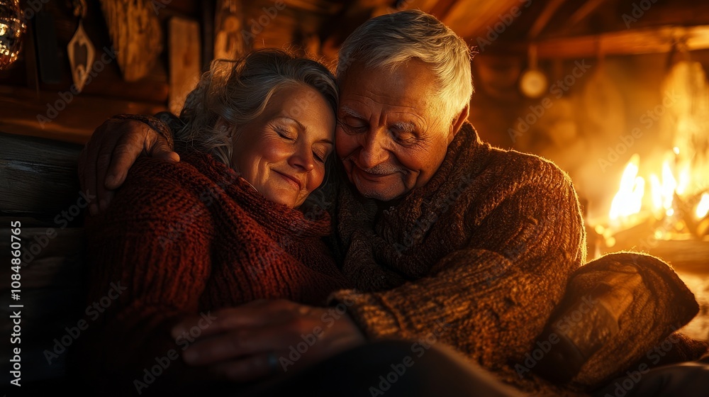 Cozy Love: Elderly Couple Embracing in a Rustic Cabin by Warm Firelight with Symbolic Loyalty Cozy Love: Elderly Couple Embracing in a Rustic Cabin by Warm Firelight with Symbolic Loyalty