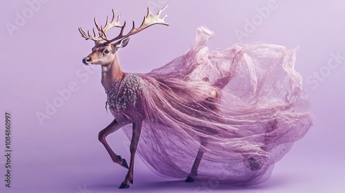 Graceful Reindeer in Bejeweled Sheer Dress on Lavender Background photo