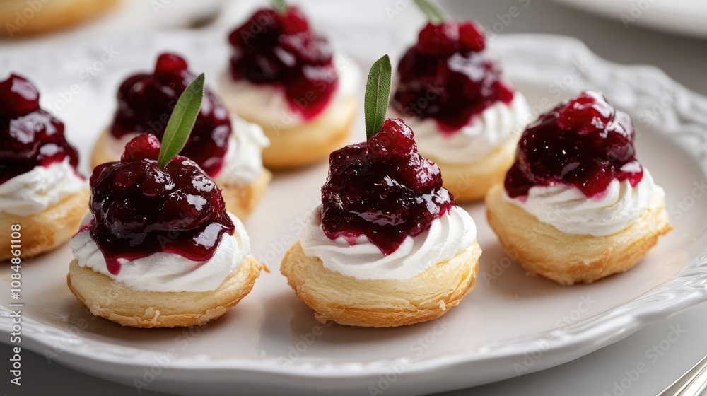 Plate of small round pastries topped with creamy whipped cream and vibrant cranberry sauce, creating a delicious and visually appealing dessert. Plate of small round pastries topped with creamy whipped cream and vibrant cranberry sauce, creating a delicious and visually appealing dessert.