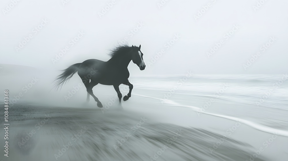 Fototapeta premium 20. A horse galloping across a beach, the scene so bright it appears almost surreal, washed out in overexposure