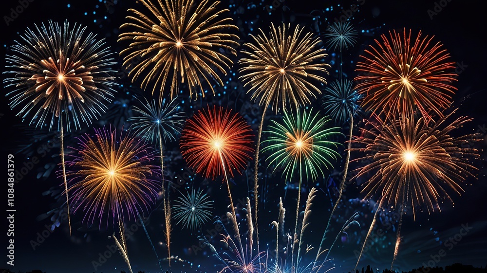 Fototapeta premium Happy New Year made of sparkles firework at night