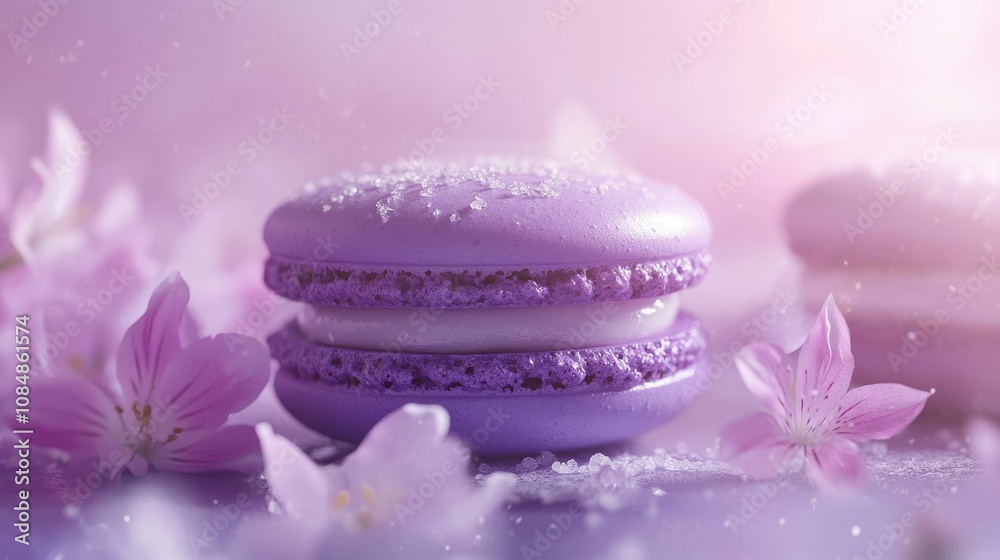 Purple macaron with sugar dusting and floral accents, captured with a soft, dreamy background