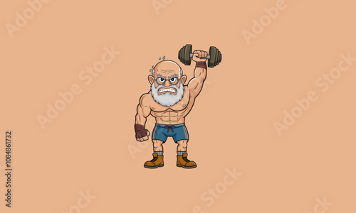 Muscular old man lifting a dumbbell with determination.