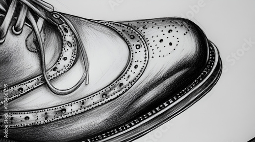 Detailed Pencil Drawing of a Classic Leather Wingtip Brogue Shoe Toe