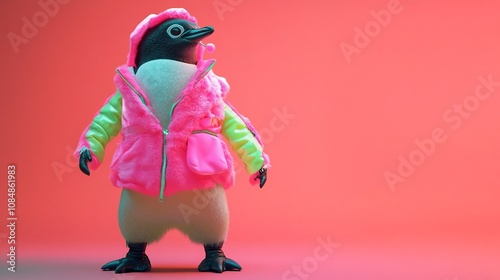 Mischievous Penguin Dressed in Cozy Gingerbread Cookie Outfit on Plain Coral Background