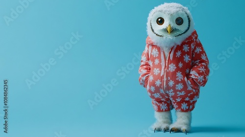 Snowy Owl Adorned in Sparkling Snowflake Patterned Outfit Against Blue Background