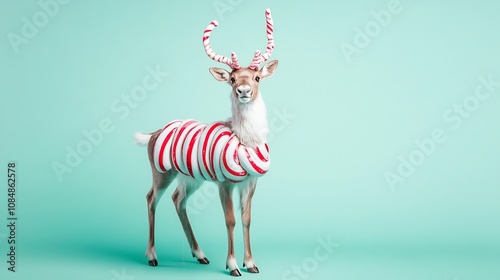 Whimsical Reindeer in Peppermint Striped Candy Cane Costume on Pastel Mint Background