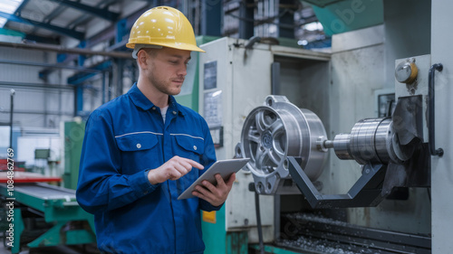 Engineer inspecting machinery with a tablet. Industrial safety photography in a labor union heavy machinery warehouse setting.