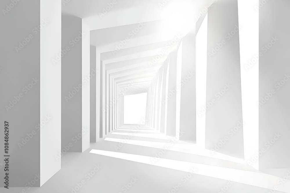 Fototapeta premium Futuristic White Tunnel with Geometric Light – Minimal Architecture Design