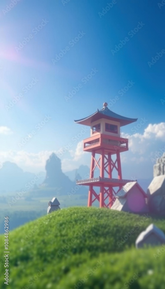 a small red tower on a hill with a sky background a small red tower on a hill with a sky background