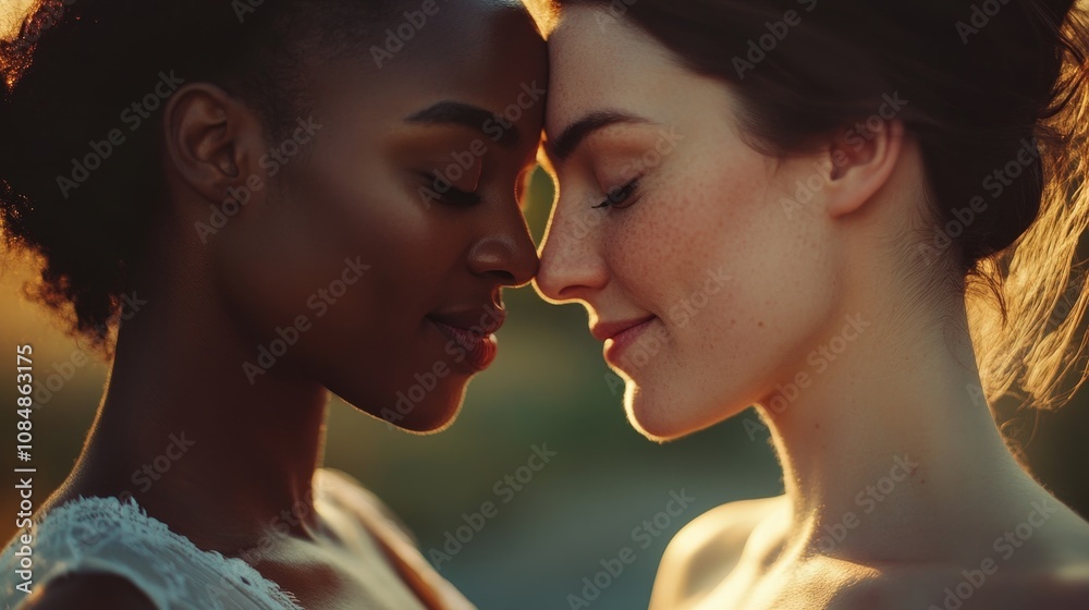 Embracing Diversity: Intimate Moment of LGBTQ Couple with Mixed Skin Tones in Soft Sunlight Embracing Diversity: Intimate Moment of LGBTQ Couple with Mixed Skin Tones in Soft Sunlight