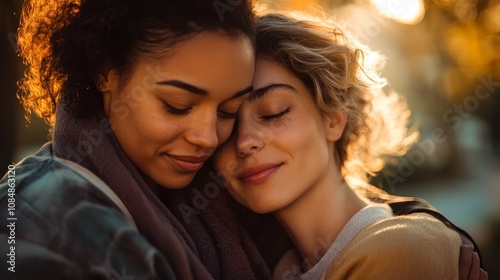 Serene Embrace of Love - LGBTQ Couple of Diverse Ages and Backgrounds Sharing a Deep Connection in Warm Close-up Light