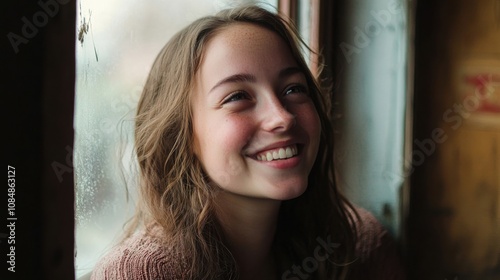 Confident young woman smiling beside a window with soft light Free Download Confident young woman smiling beside a window with soft light - GFXLoad