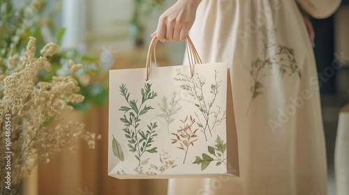 Woman s Hand Holding Botanical Paper Shopping Bag in Serene Natural Gift Haven