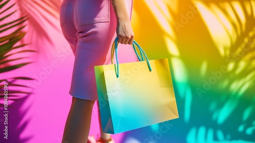 Woman s Hand Holding Joyful Rainbow Gradient Shopping Bag in Vibrant Gift Oasis