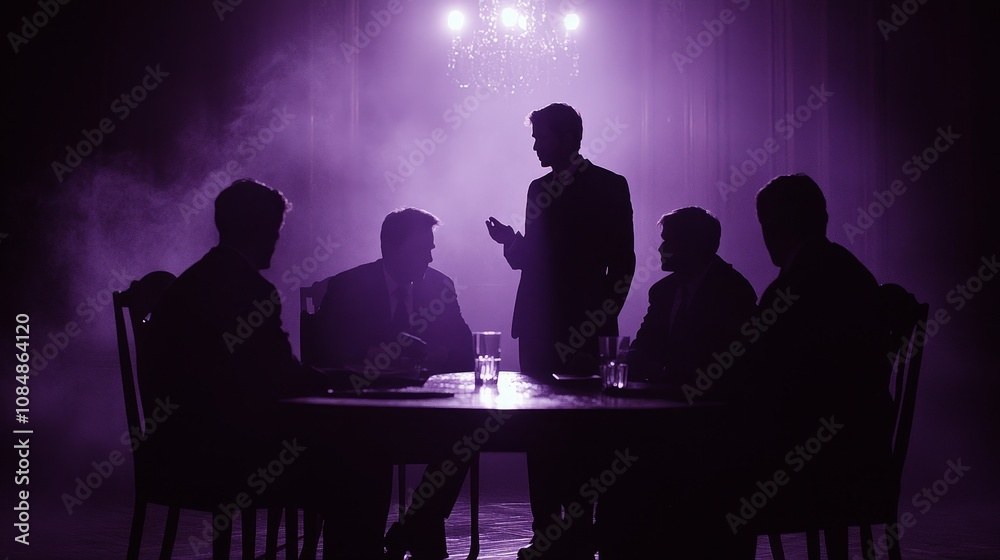 A group of silhouetted figures in a dimly lit room, engaged in conversation around a table. A group of silhouetted figures in a dimly lit room, engaged in conversation around a table.
