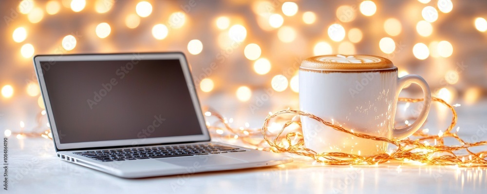 A cozy workspace featuring a laptop and a coffee cup, surrounded by soft, glowing lights, creating a warm and inviting atmosphere.