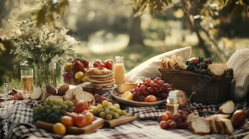 A picnic blanket laid out on the grass with food and drinks, including fruit, bread, cheese, juice, and wine, under a tree in a sunny forest.