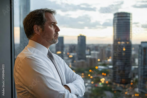 Contemplative business man in high-rise office, staring at dark cityscape with a sense of failure and regret