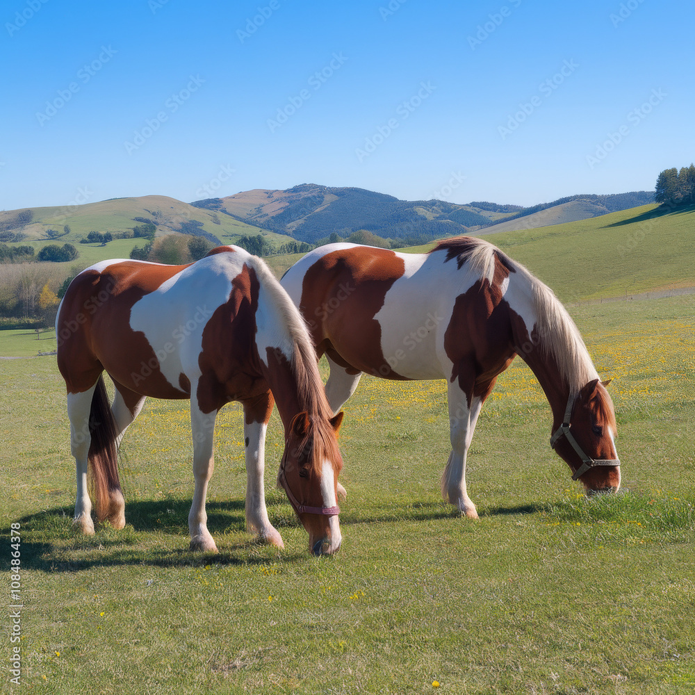 Brown and white horses in a lush green field. Animal photography wallpaper with farm animals and green lush rural countryside landscape. Brown and white horses in a lush green field. Animal photography wallpaper with farm animals and green lush rural countryside landscape.
