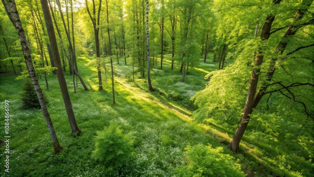 Obraz premium Sunlit Spring Forest Floor with Lush Green Canopy and Delicate White Flowers