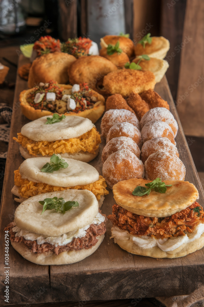 Variety of Venezuelan and Colombian arepas with fillings. Authentic Latin American street food traditional arepa platter with diverse fillings and textures on a wooden table in a rustic setting.