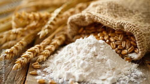Close-up of wheat grains, flour, and burlap sack on rustic wooden surface