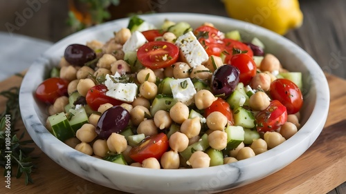 Vibrant Mediterranean chickpea salad with cucumbers, cherry tomatoes, feta, and olives in bowl on marble background