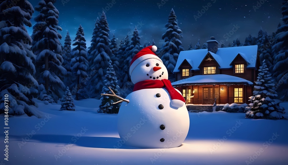 Naklejka premium 3d illustration wallpaper of snowman wearing Christmas hat with house background.