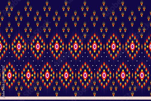 A vibrant pattern featuring colorful diamonds and floral motifs against a dark background, creating a striking visual effect.