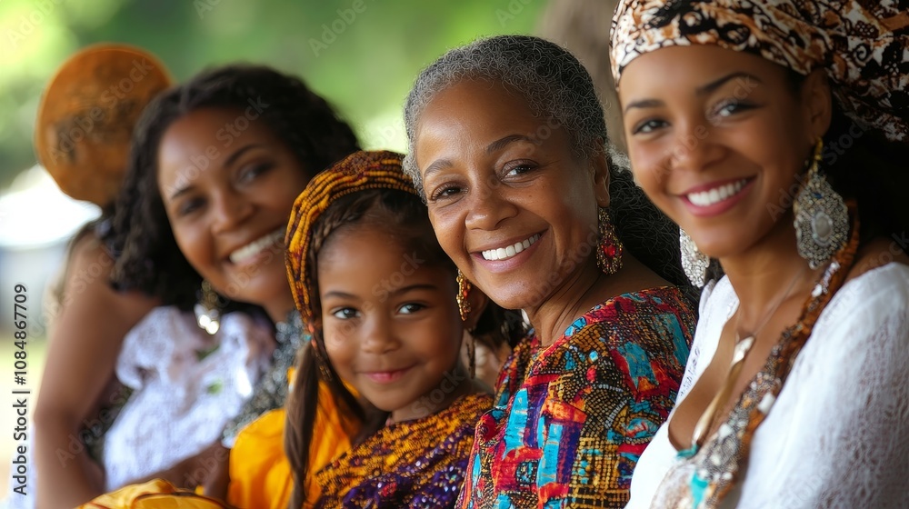 Fototapeta premium Cultural Connection: Joyful Generations in Traditional Attire Celebrating Family Bonds with Diverse Skin Tones in Sharp Focus