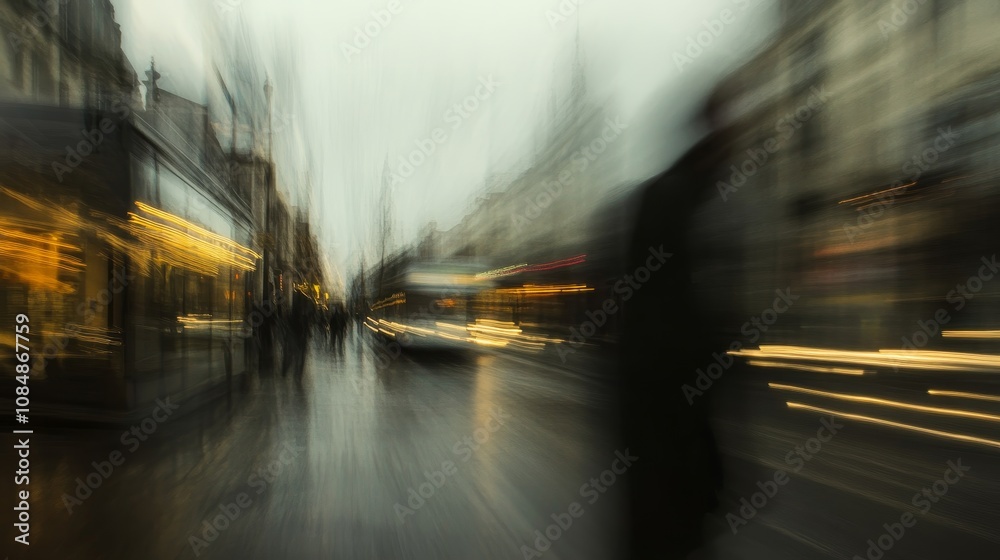 A blurred urban scene depicting a rainy street with moving figures and illuminated storefronts. A blurred urban scene depicting a rainy street with moving figures and illuminated storefronts.
