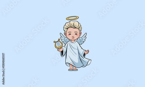 Cute angel with halo and harp floating gracefully.