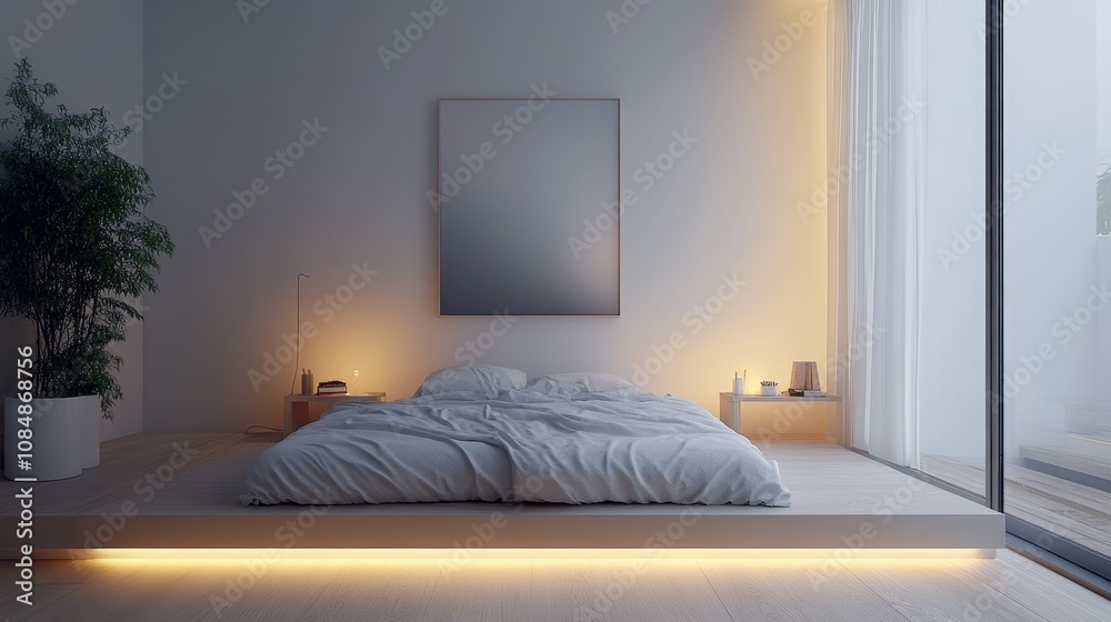 A serene bedroom with a minimalist design, featuring a bed, soft lighting, and a plant. A serene bedroom with a minimalist design, featuring a bed, soft lighting, and a plant.