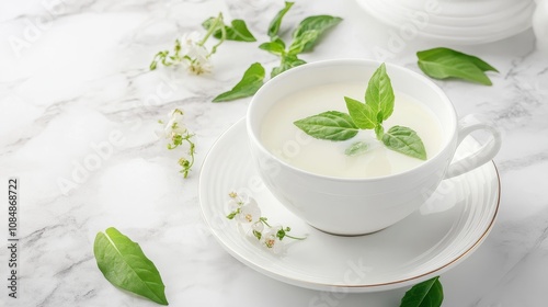 A white cup of creamy beverage garnished with fresh basil leaves, leaf on a marble surface.