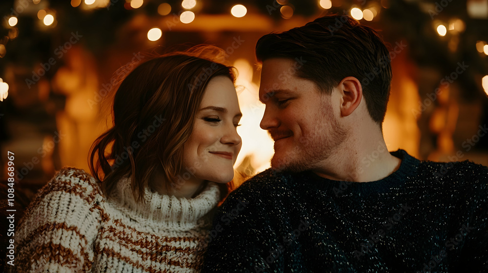 Fototapeta premium Cozy Fireplace Romance: A loving couple gazes into each other's eyes, their faces illuminated by the warm glow of a fireplace, creating an intimate and romantic atmosphere. 