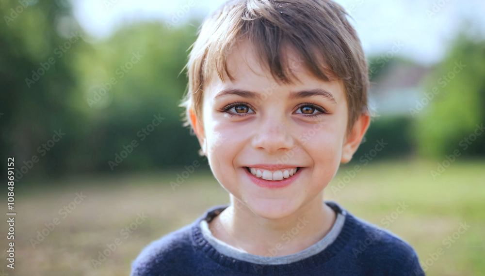Happy young boy with bright smile enjoying a sunny day outdoors in a natural setting with greenery in the background and a cheerful expression on his face Happy young boy with bright smile enjoying a sunny day outdoors in a natural setting with greenery in the background and a cheerful expression on his face