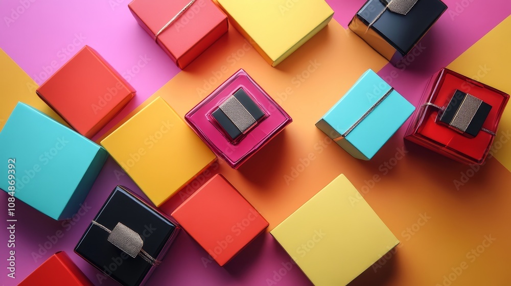 A vibrant arrangement of colorful gift boxes on a bright background, suggesting celebration and joy. A vibrant arrangement of colorful gift boxes on a bright background, suggesting celebration and joy.
