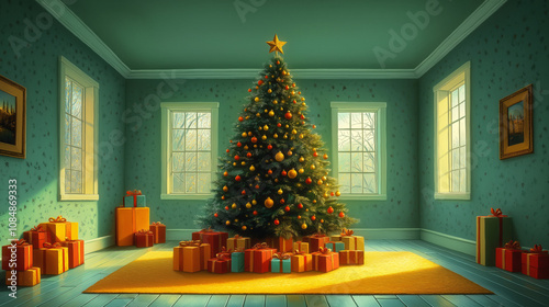 Festive Christmas scene featuring a decorated tree with gold and red ornaments, surrounded by wrapped presents in a mint green room with sunlight streaming through windows.