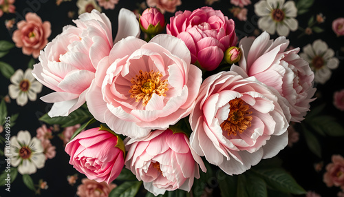 Vintage bouquet of beautiful peonies on black. Floral background. Baroque old fashiones style. Natural flowers pattern wallpaper or greeting card, Dreamy