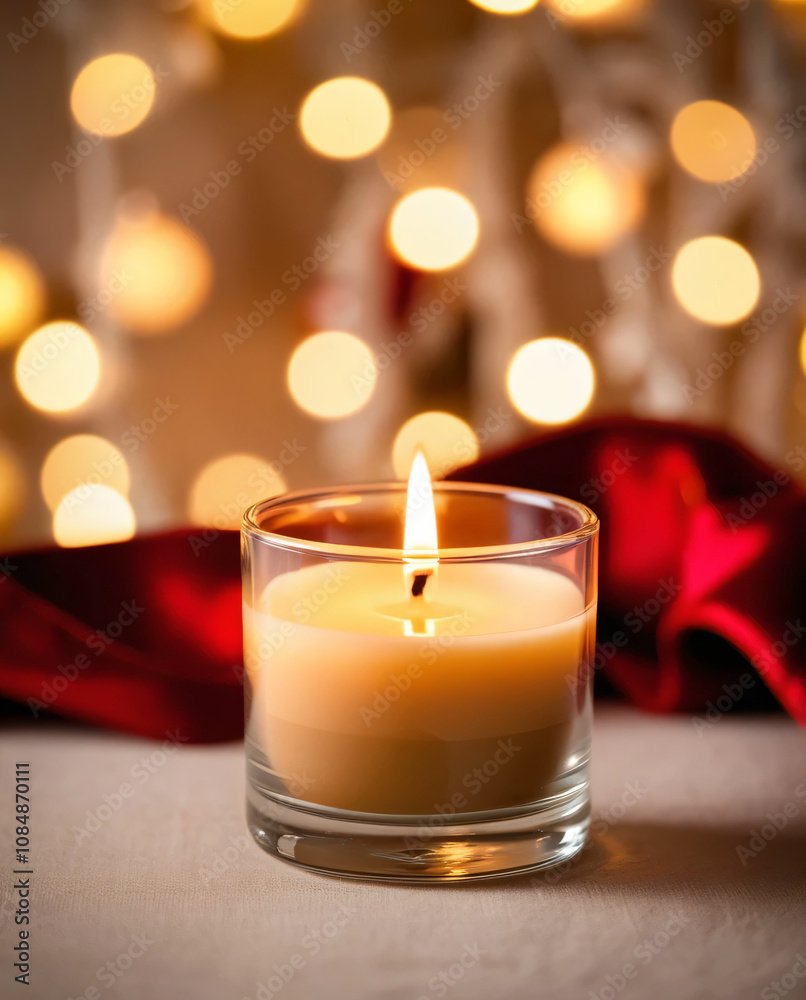A Christmas candle flickers softly, adding charm to the festive scene. A Christmas candle flickers softly, adding charm to the festive scene.