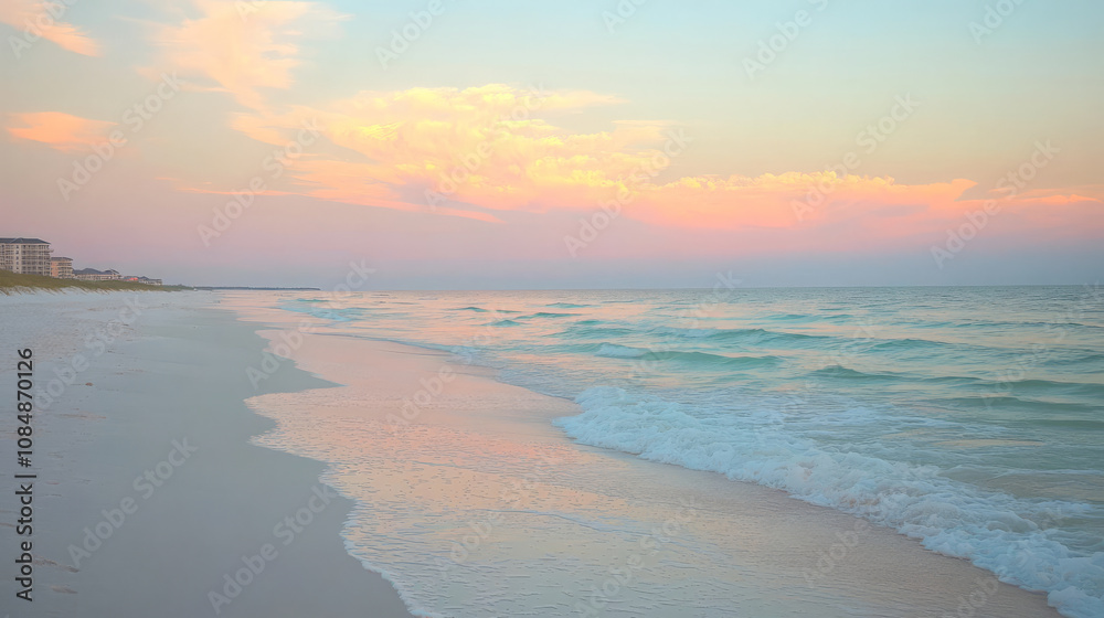 Capture a serene morning beach scene with soft waves lapping at the shore and a pastel sky illuminated by the rising sun Capture a serene morning beach scene with soft waves lapping at the shore and a pastel sky illuminated by the rising sun