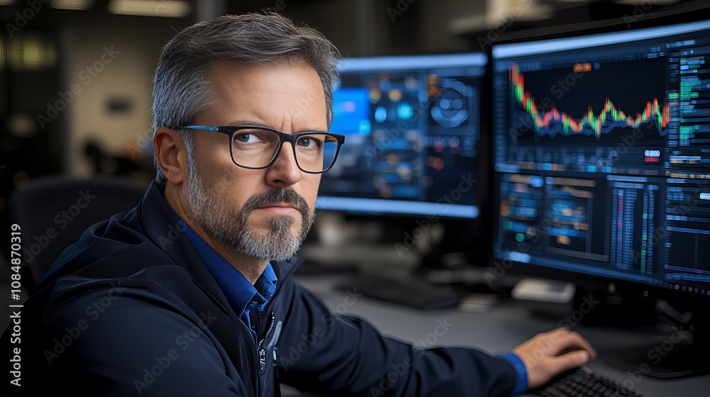 Financial analyst focused on data visualization tools in modern office Financial analyst focused on data visualization tools in modern office